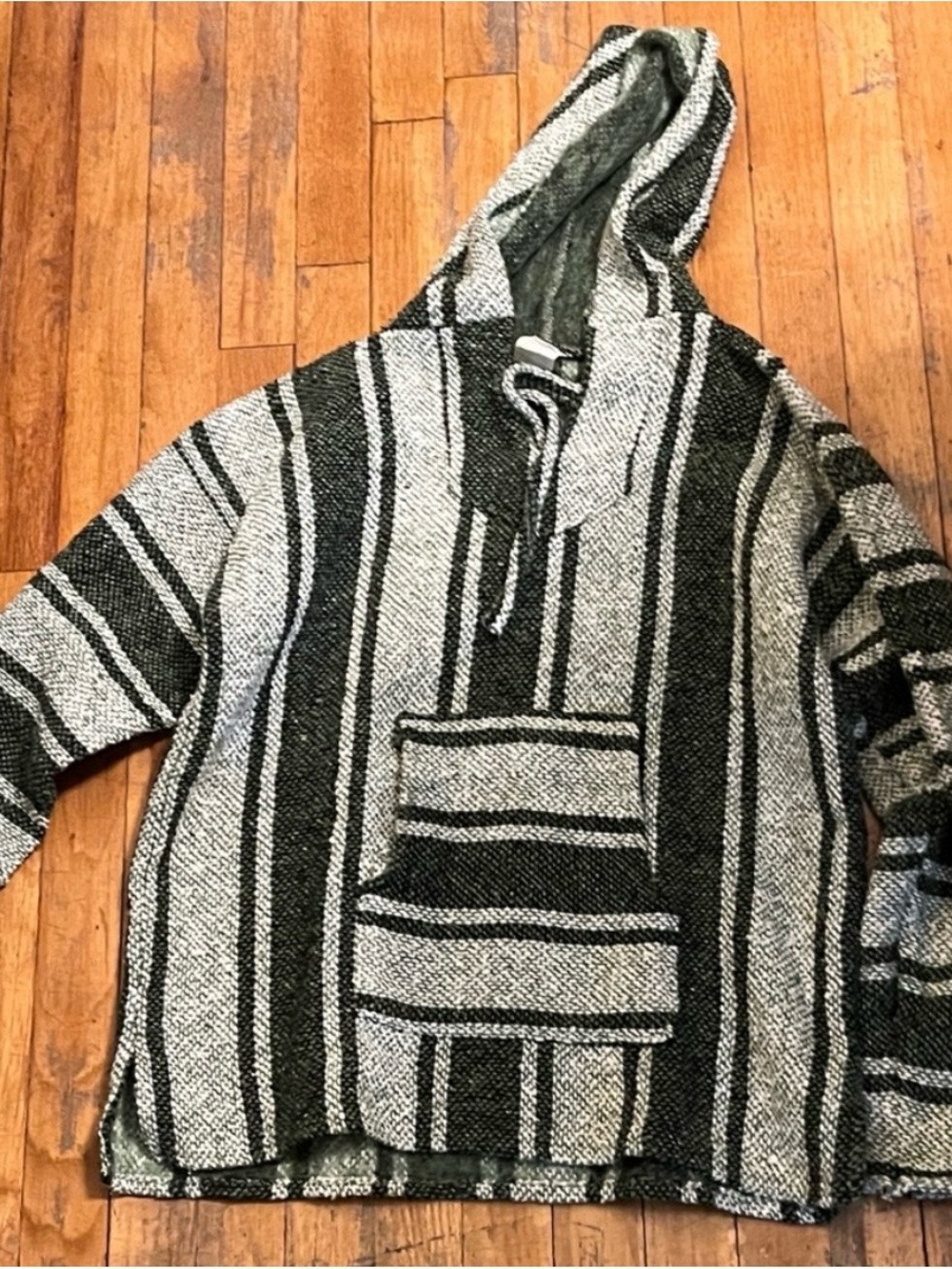 Striped V-Neck Hooded Sweater in Black and Cream